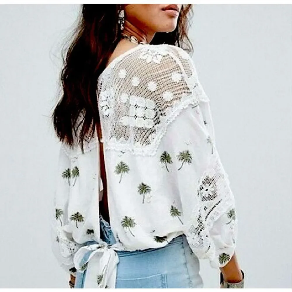EUC Free People Palms Print Linen Cotton Blouse